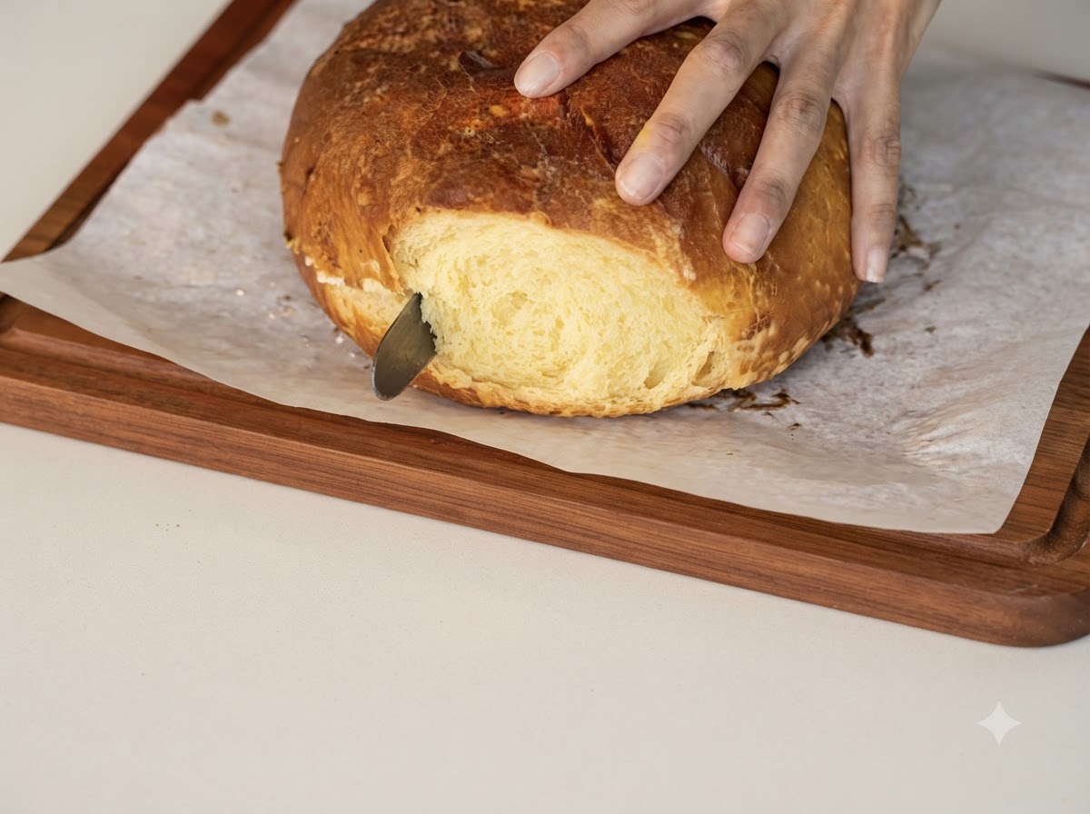 Eine Hand hält ein Brot Messer, das horizontal durch ein großes rundes gebackenes Brötchen auf Backpapier schneidet.