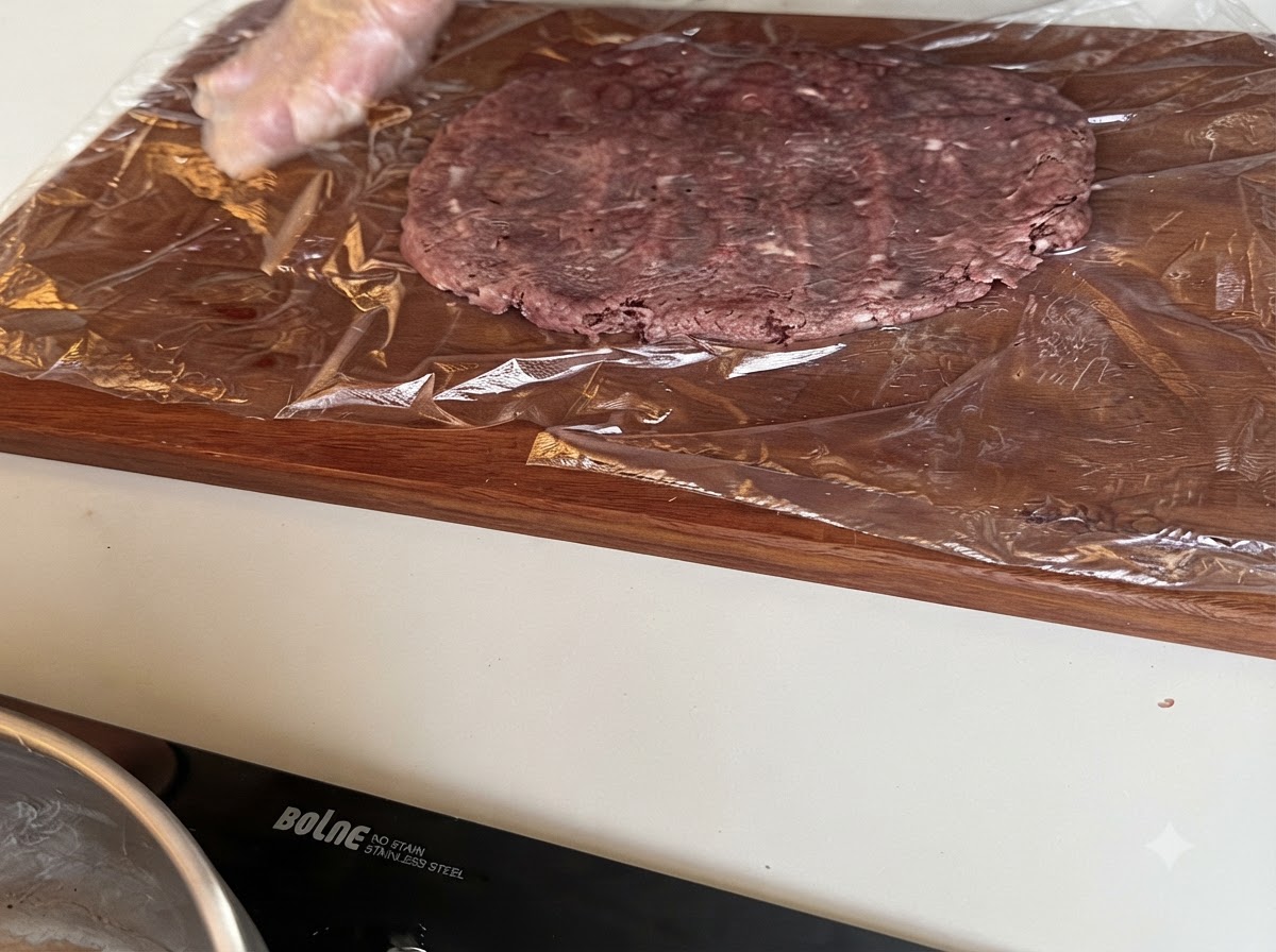 Ein großes rohes Rinderpatties wird auf Frischhaltefolie ausgebreitet auf einem Holzschneidebrett abgeflacht.