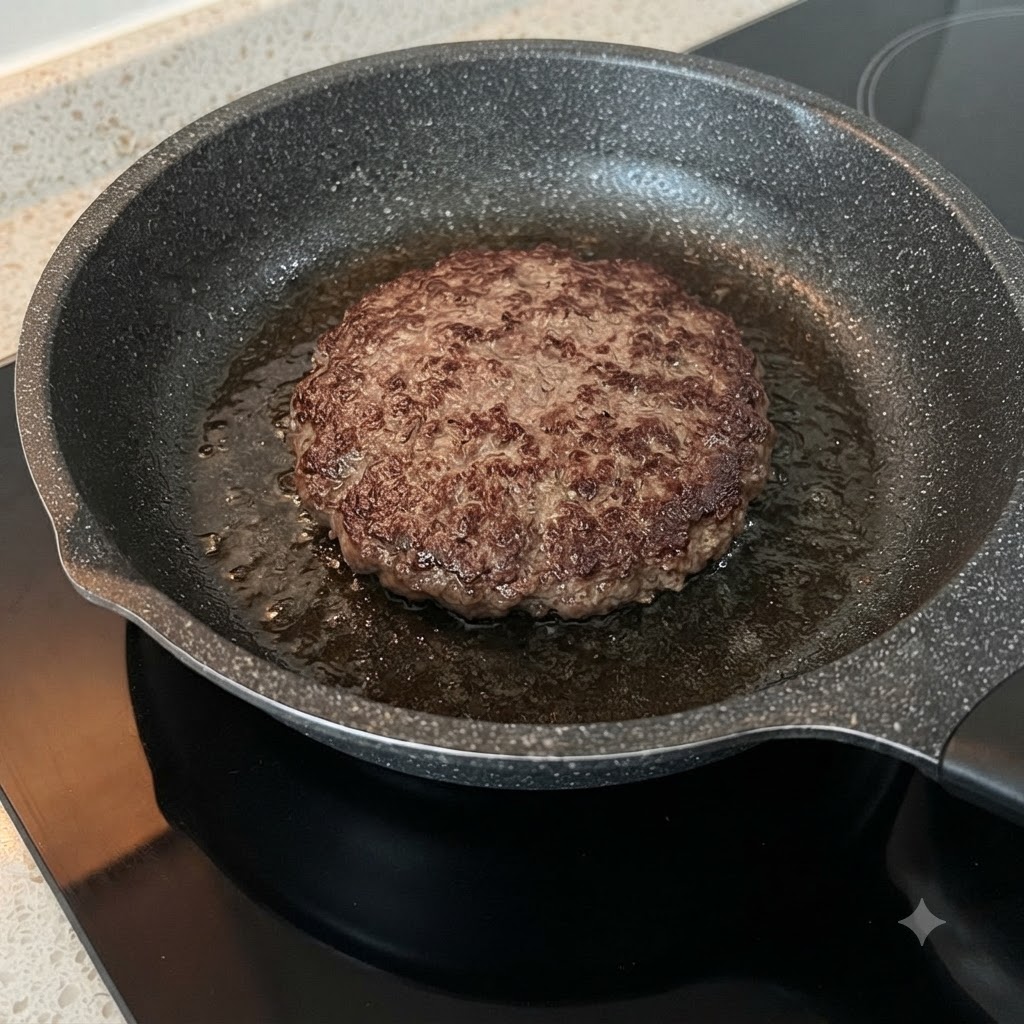 Scheiben gelben Käses schmelzen auf einem brutzelnden Rinderpatties in einer Bratpfanne.
