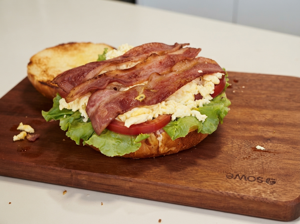 Knusprige Speckstreifen auf Rührei, Salat und Tomatenscheiben auf einem Holzbrett.