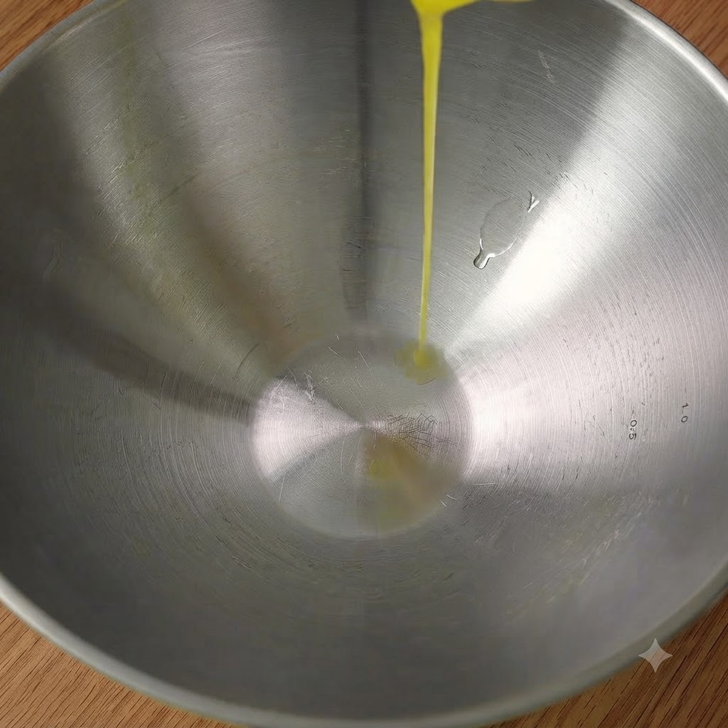 Geschmolzene Butter wird in die Mitte einer Edelstahlschüssel auf einem Holztisch gegossen.