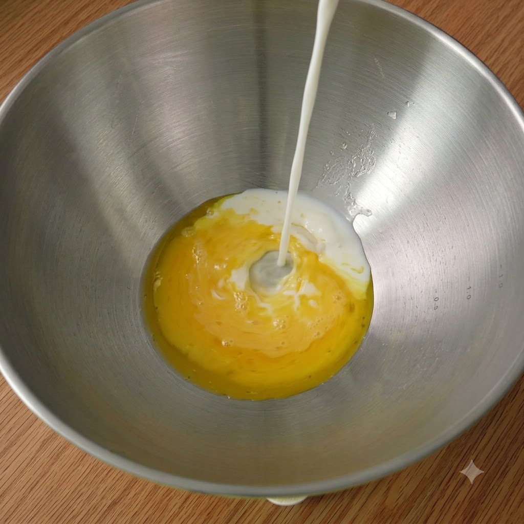 Eier, Milch und andere Backzutaten in einer Rührschüssel vereint.