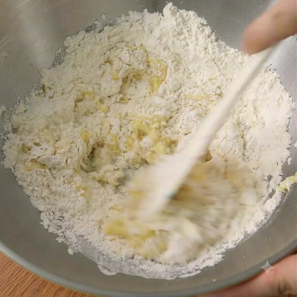 Ein Teigschaber mischt Brotmehl, Zucker, Salz, Hefe, Eierflüssigkeit und geschmolzene Butter in einer Metallschüssel.