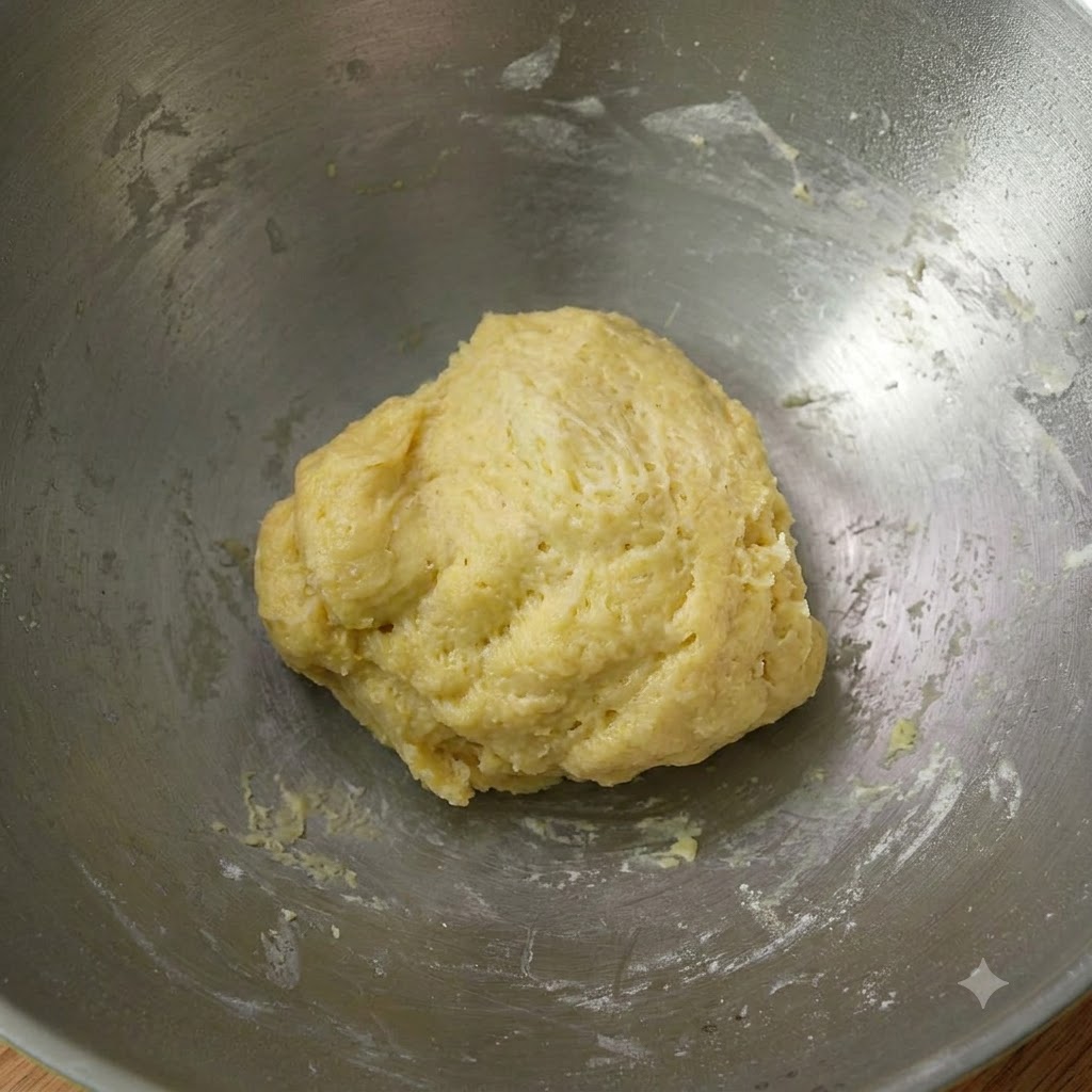 Teig nach dem ersten Mischen zu einer Kugel geformt in einer Rührschüssel aus Metall.
