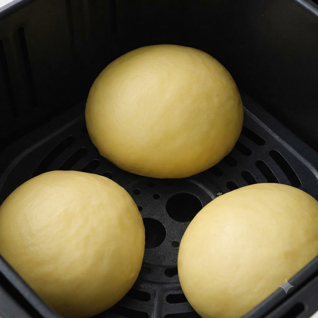 Ein Pinsel trägt Eigelb auf geformte Burgerbrötchen in einem Heissluftfritteusenkorb auf.