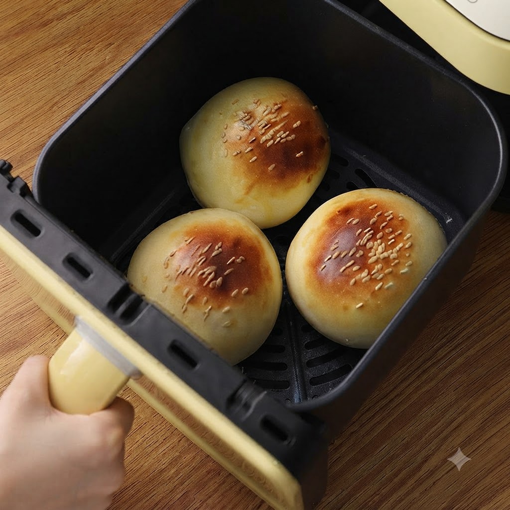Alufolie wird über einen Backkorb mit goldbraun gebackenen Brötchen gelegt.