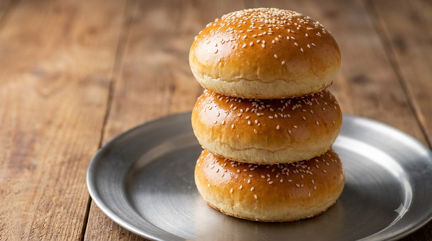 Ein Stapel von drei goldbraunen, glänzenden Burgerbrötchen garniert mit Sesamsamen auf einem Metallteller vor einem Holztisch.