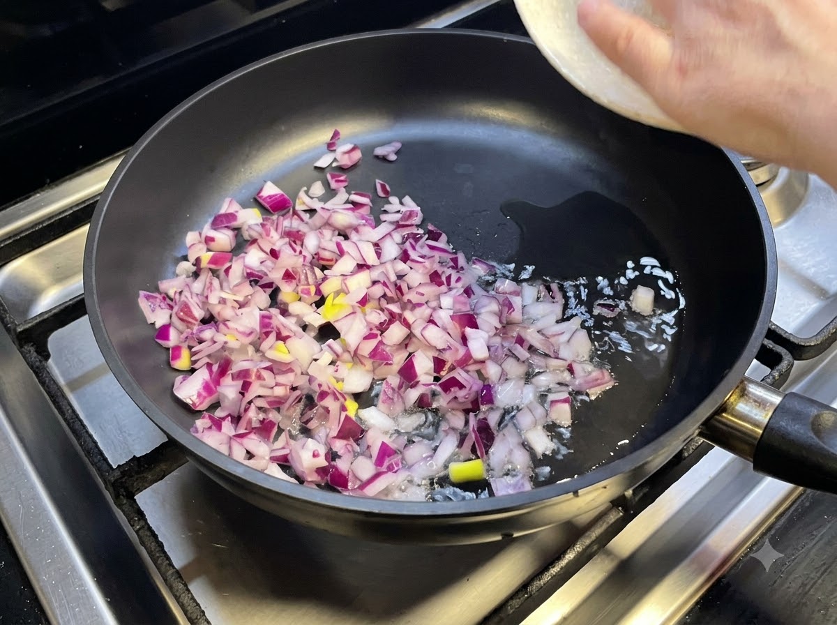 Gehackte rote Zwiebeln in heißem Öl in einer Bratpfanne, während Hackfleisch hinzugefügt wird.