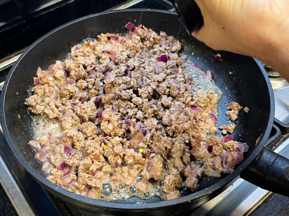 Rinderhackfleisch und Zwiebeln in der Pfanne, die mit Gewürzen bestreut werden.