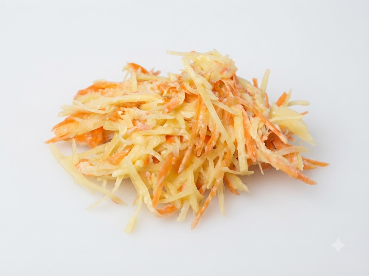 Ein Haufen gemischter, geriebener Kartoffeln und Karotten, überzogen mit einer Ei-Mehl-Mischung.