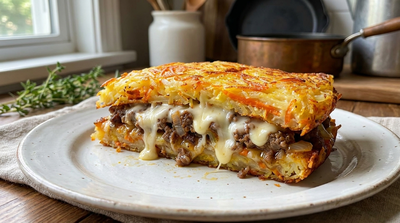 Ein aufgeschnittenes Stück der Kartoffel-Hackfleisch-Pfanne mit goldbrauner, knuspriger Kruste und einer großzügigen Füllung aus geschmolzenem Käse und würzigem Rindfleisch.