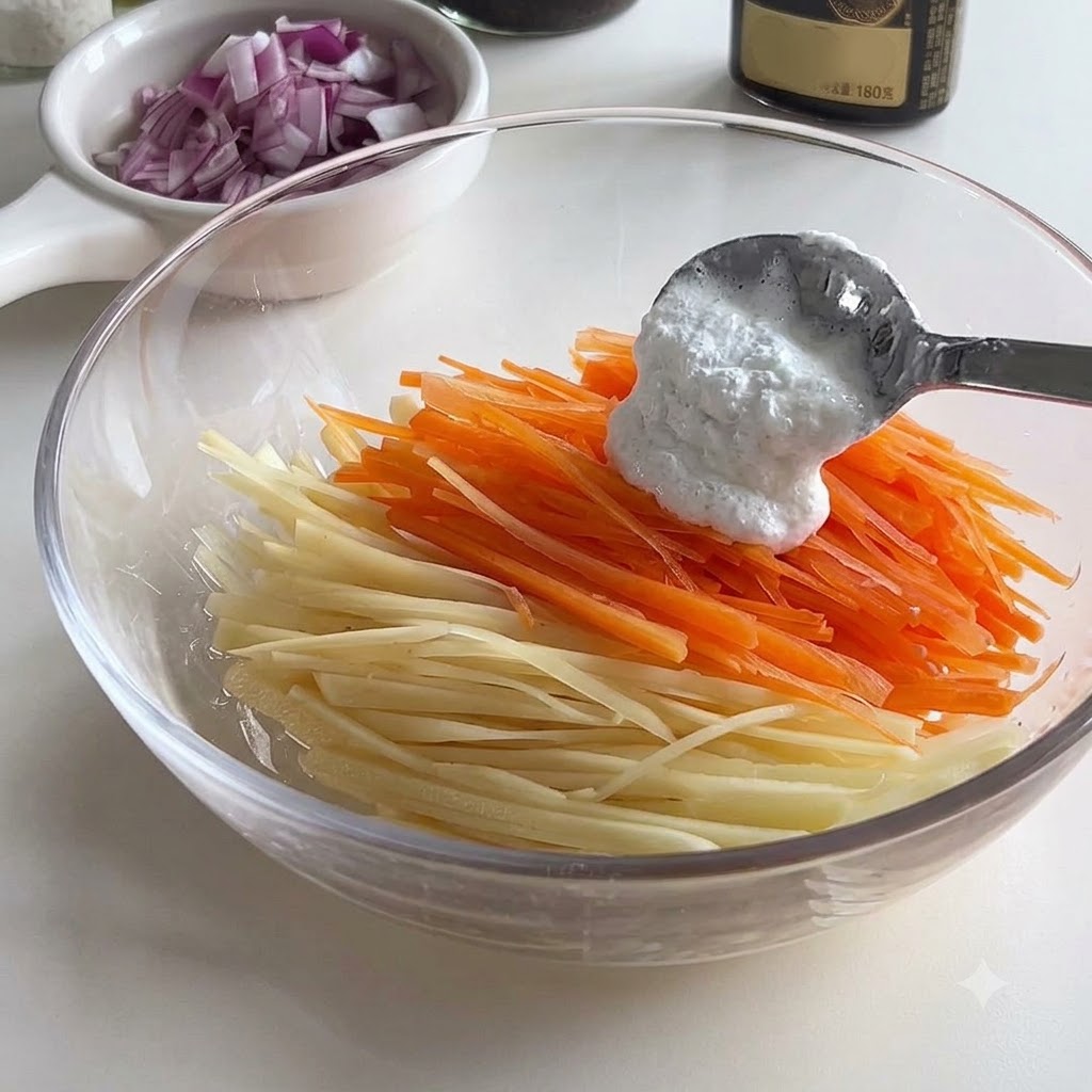 Ein Löffel weiße Mehlzugabe zu geraspelten Karotten und Kartoffeln in einer Glasschüssel.