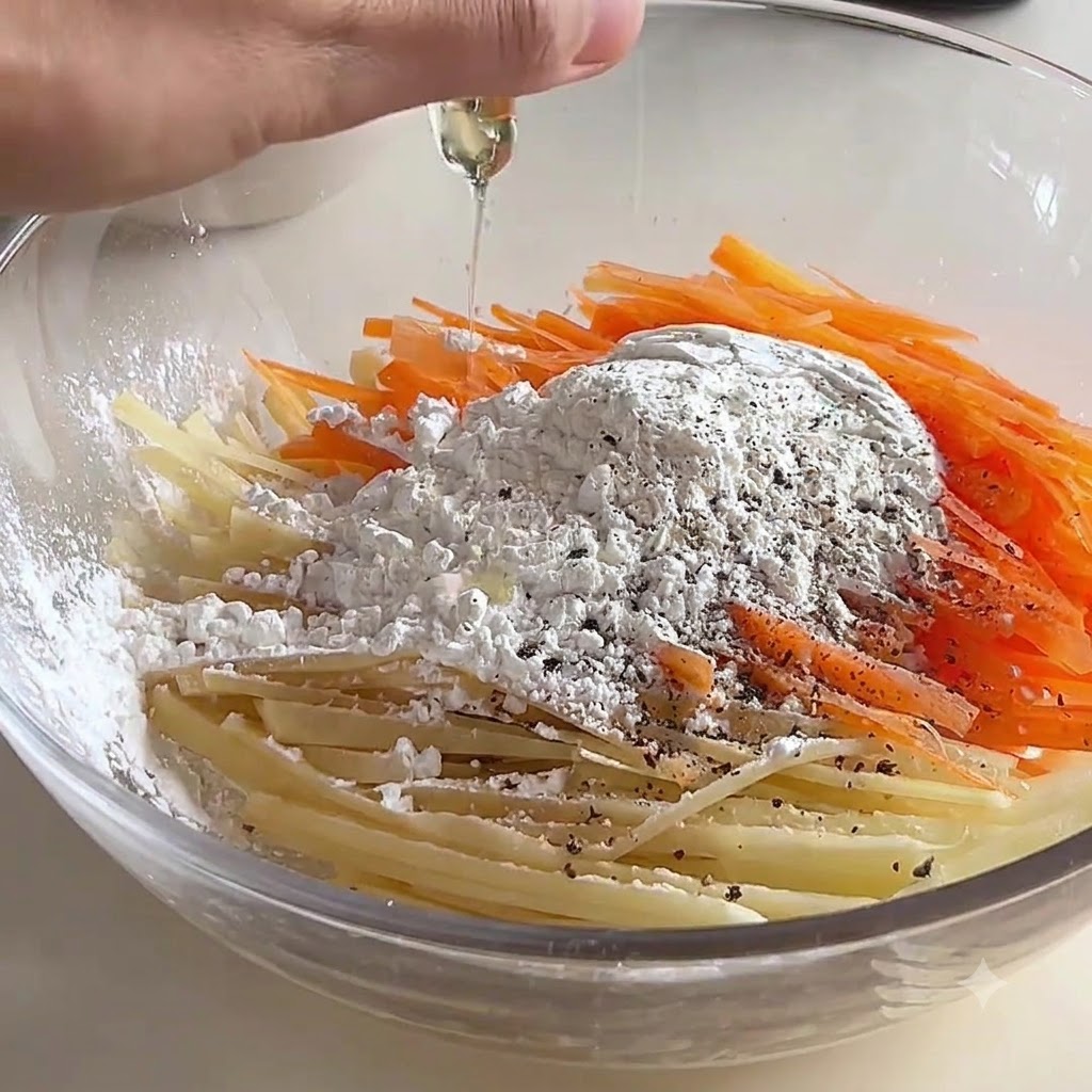 Eine Hand gießt Flüssigkeit in eine klare Glasschüssel mit geraspelten Karotten, Kartoffeln, Mehl und Gewürzen.