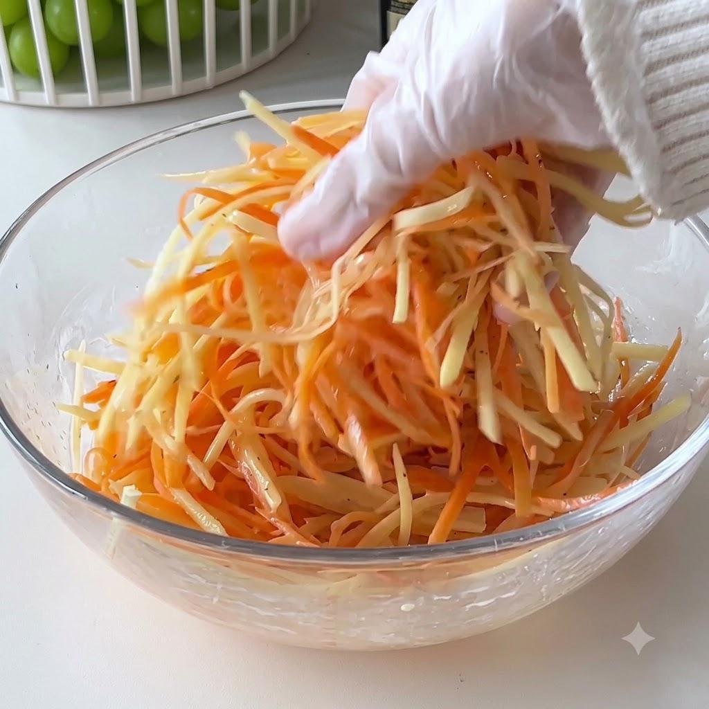Eine handgeschützte Hand mischt geraspelte Kartoffeln und Karotten in einer Glasschüssel.