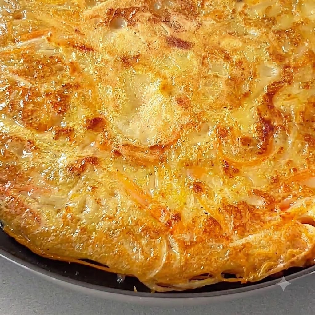Ein perfekt goldbrauner, knuspriger Kartoffelpuffer brutzelt nach dem Wenden in der Pfanne.