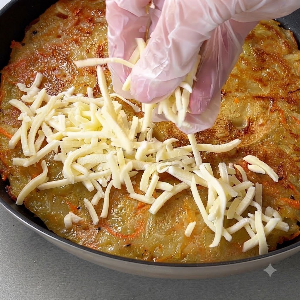 Eine behandschuhte Hand streut geriebenen Mozzarella-Käse über einen goldbraunen Kartoffelpuffer in der Pfanne.