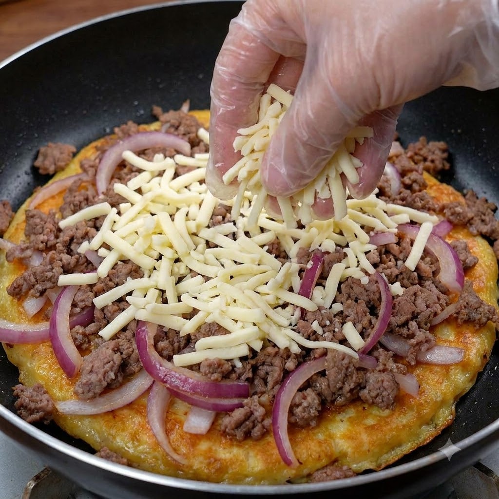 Eine behandschuhte Hand streut eine dicke Schicht Käse über die Fleisch-Zwiebel-Mischung in der Pfanne.