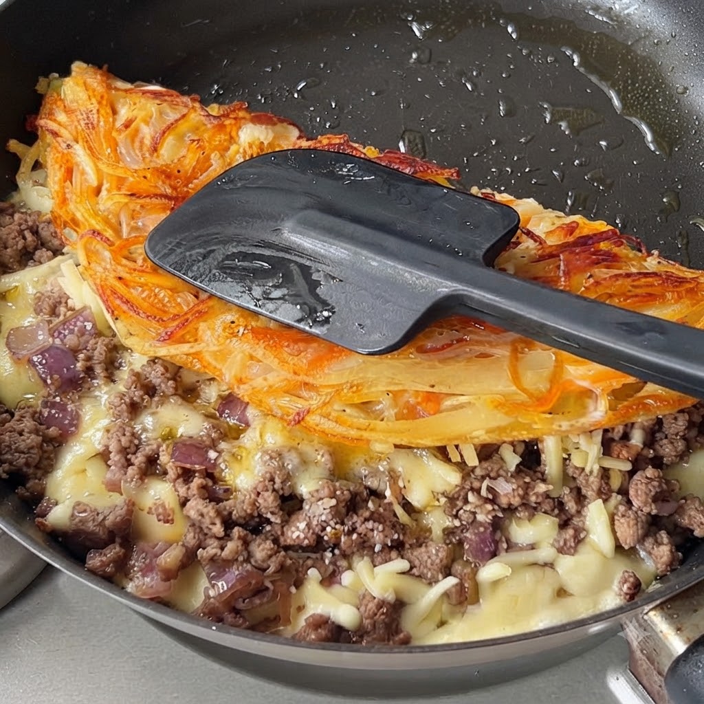 Ein schwarzer Spatel drückt auf eine gefaltete, goldbraune Kartoffeltasche mit Fleisch- und Käsefüllung.