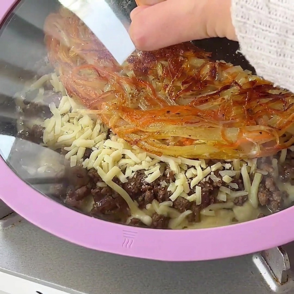 Ein Glasdeckel wird auf eine Pfanne mit Kartoffelkruste, Hackfleisch und schmelzendem Käse gelegt.