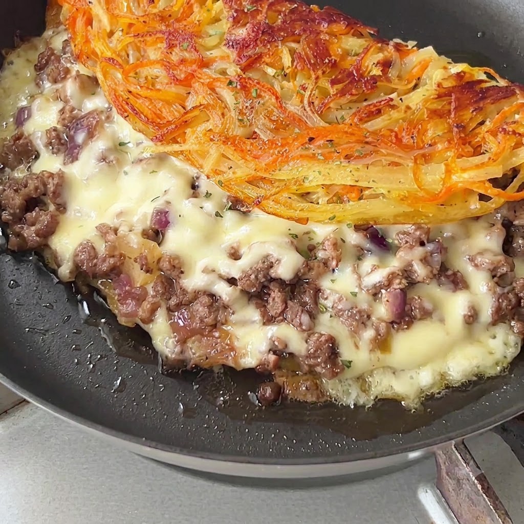 Eine fertig gegarte, gefaltete Kartoffeltasche in der Pfanne mit schmelzendem Käse und Petersilie.