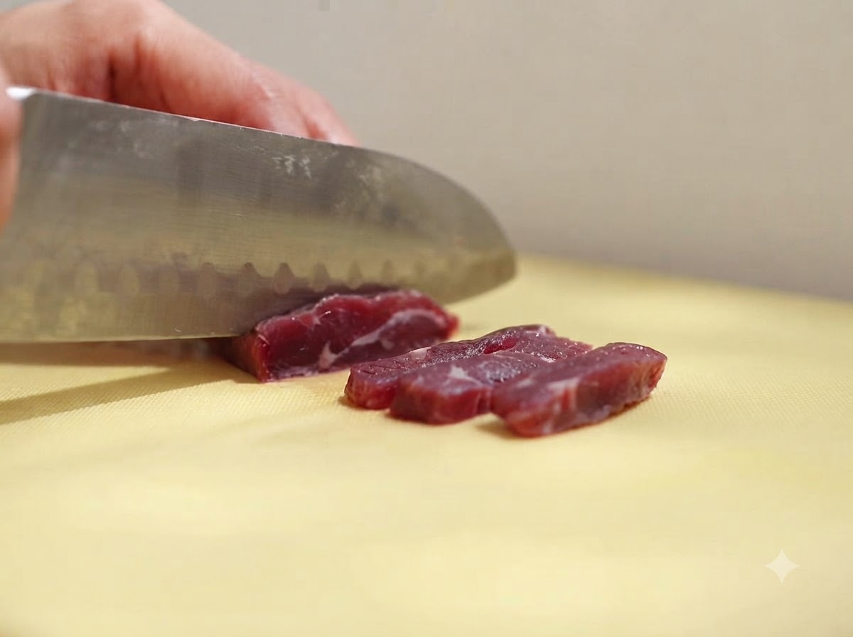 Ein scharfes Messer schneidet ein Stück rohes Rindfleisch auf einem gelben Schneidebrett in kleinere Streifen.