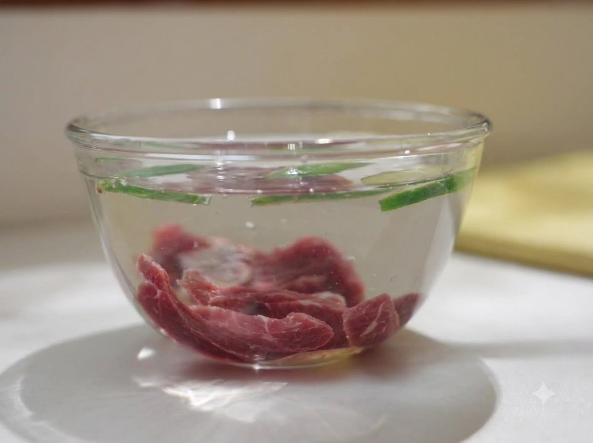 In Scheiben geschnittenes rohes Rindfleisch weicht in einer klaren Glasschüssel mit Wasser, frischem Ingwer und Frühlingszwiebelstücken ein.