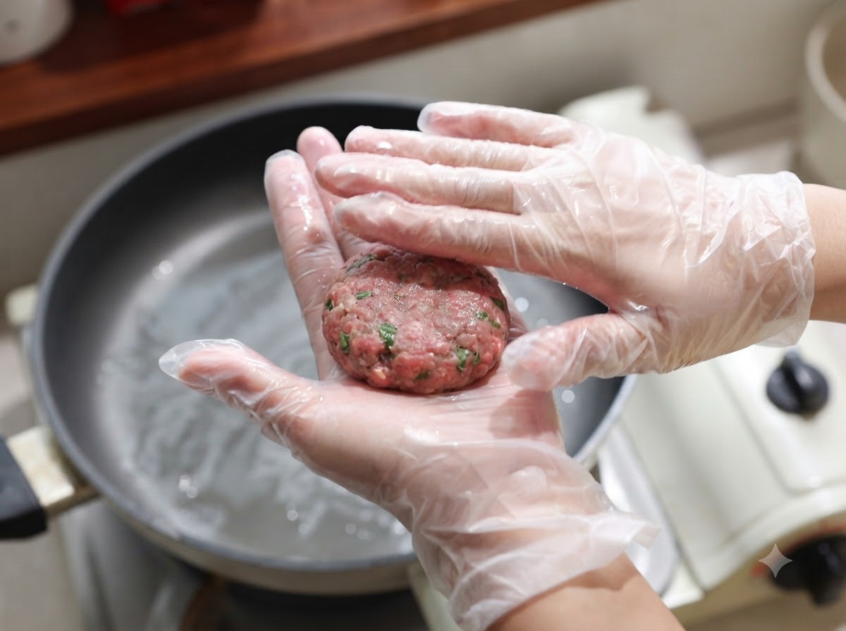 Eine Portion der Fleischmischung wird auf einer behandschuhten Hand zu einem kleinen runden Patty geformt.