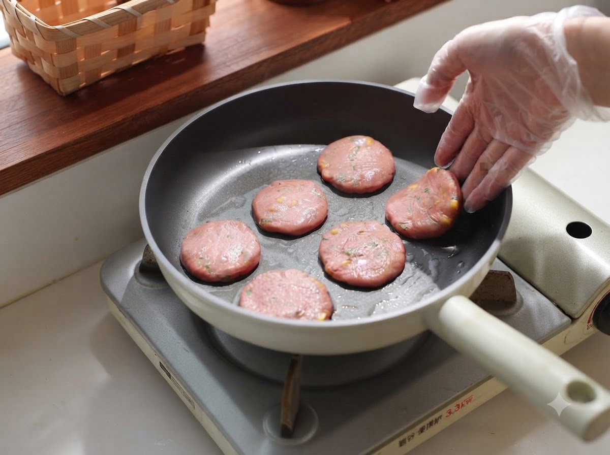 Kleine runde Frikadellen werden gleichmäßig in die erhitzte Bratpfanne gelegt.
