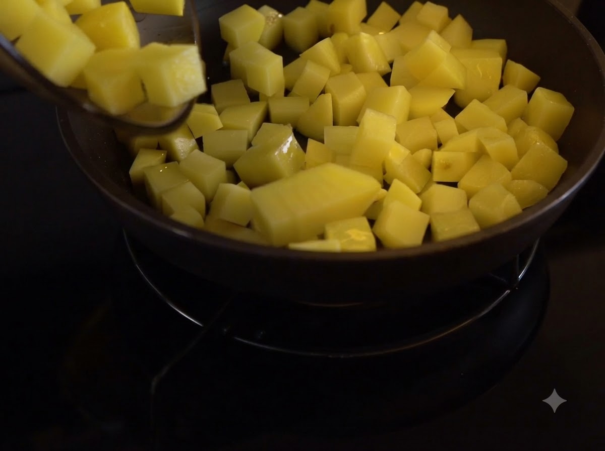 Gewürfelte Kartoffeln braten in einer Pfanne und werden mit einem Spatel umgerührt.