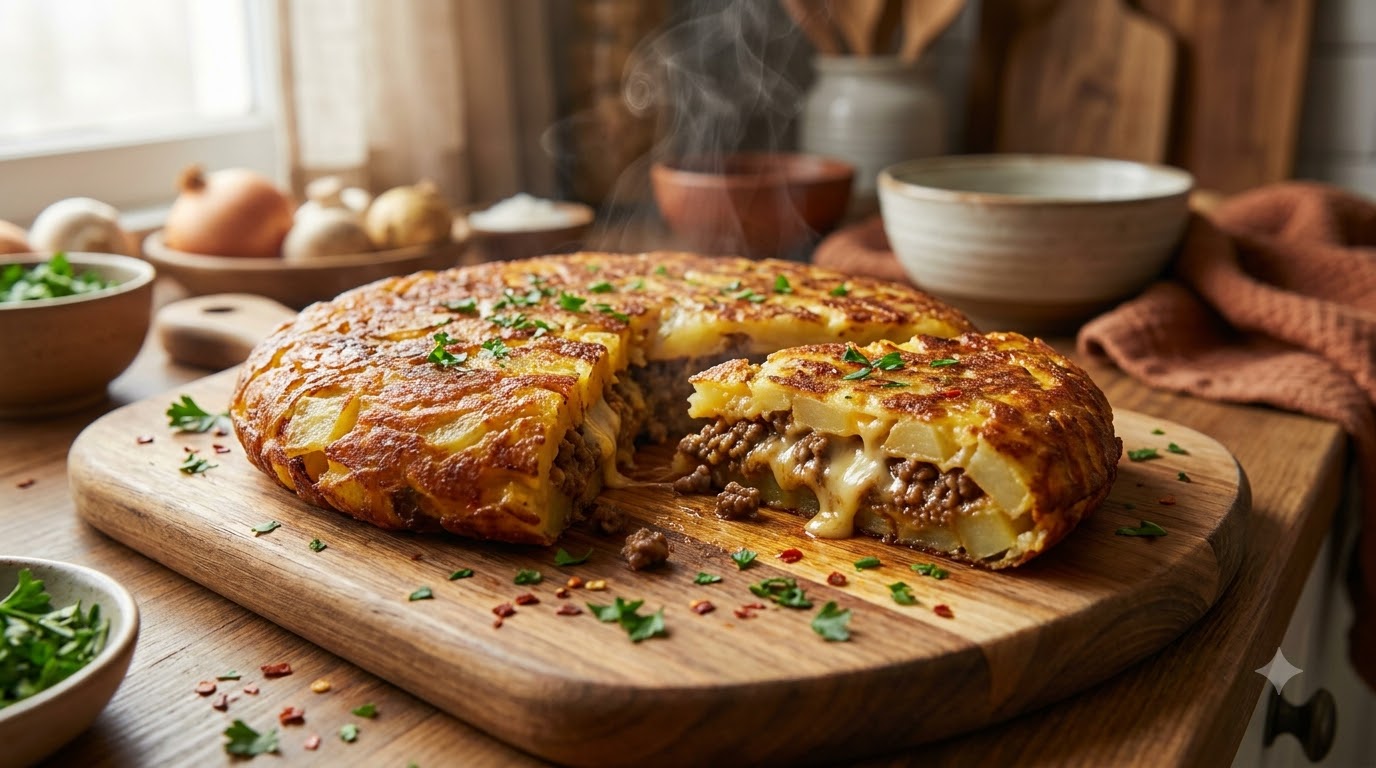 Ein goldbraunes Kartoffel-Rinder-Patty, auf einem Holzschneidebrett aufgeschnitten, um die würzige Rinderhackfleisch- und Käsefüllung zu enthüllen.