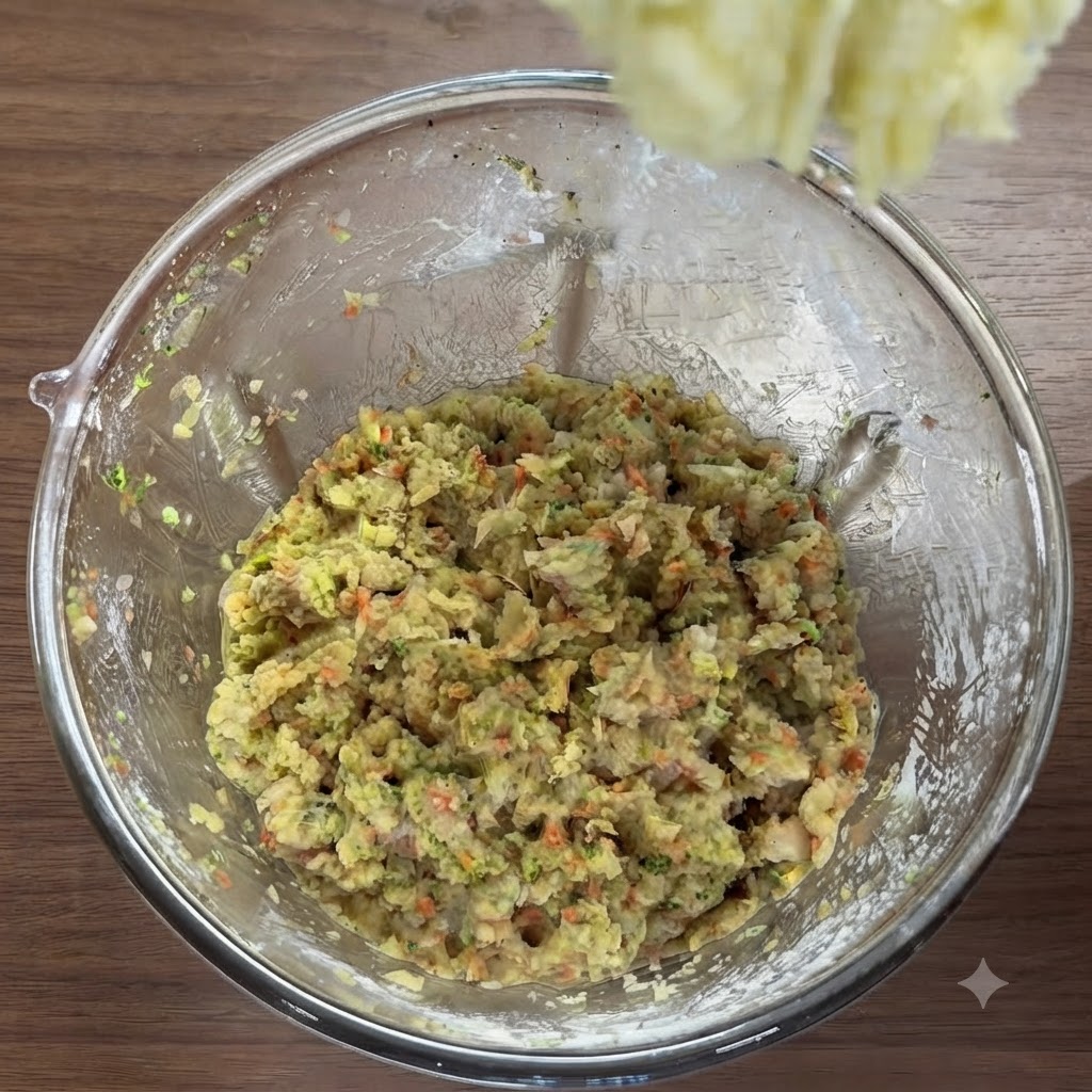 Kartoffelpüree wird in eine Schüssel mit gemischten Hähnchen- und Gemüsezutaten gegeben und mit einer Gabel verrührt.