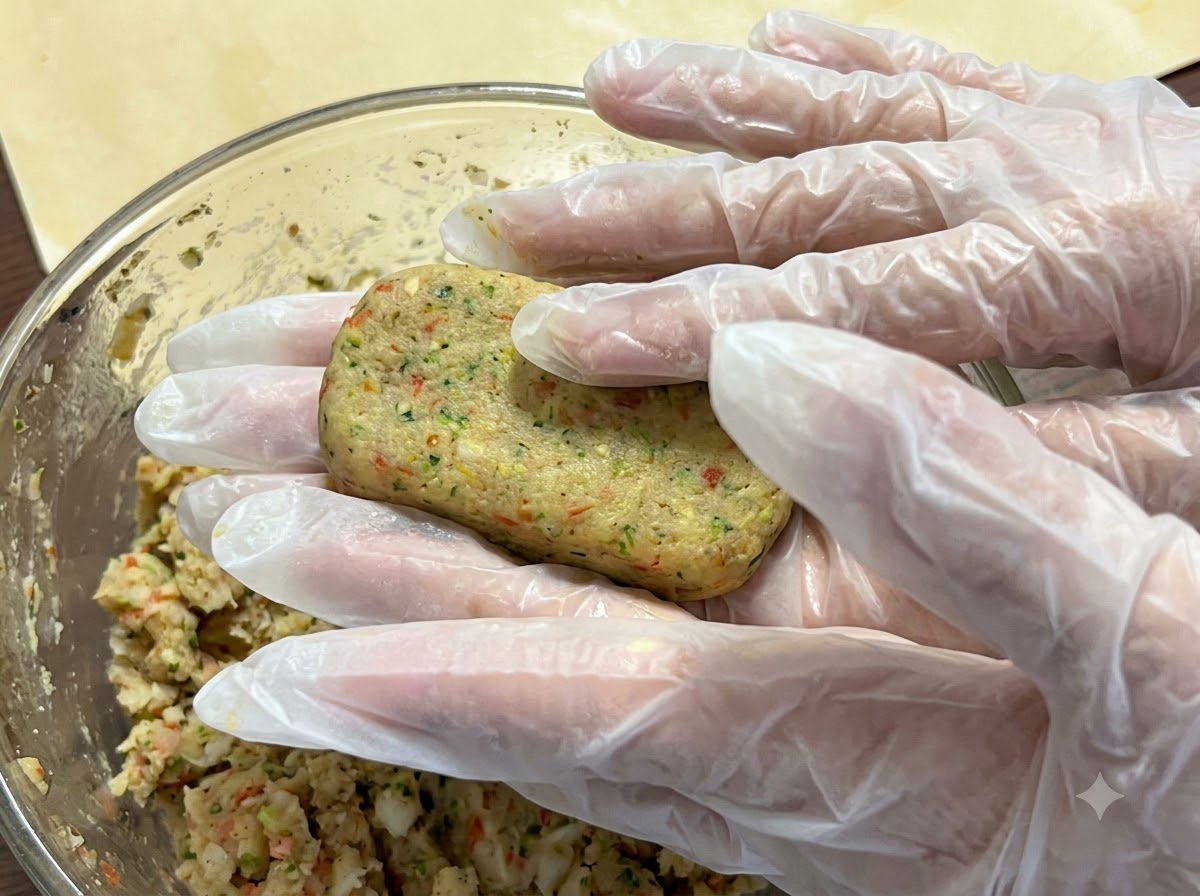 Eingedeckte Hände formen ein rechteckiges Patty aus der Hähnchen-Kartoffel-Masse.