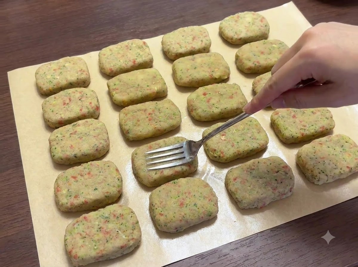 Eine Gabel drückt Linienmuster auf mehrere geformte Patties auf Backpapier.