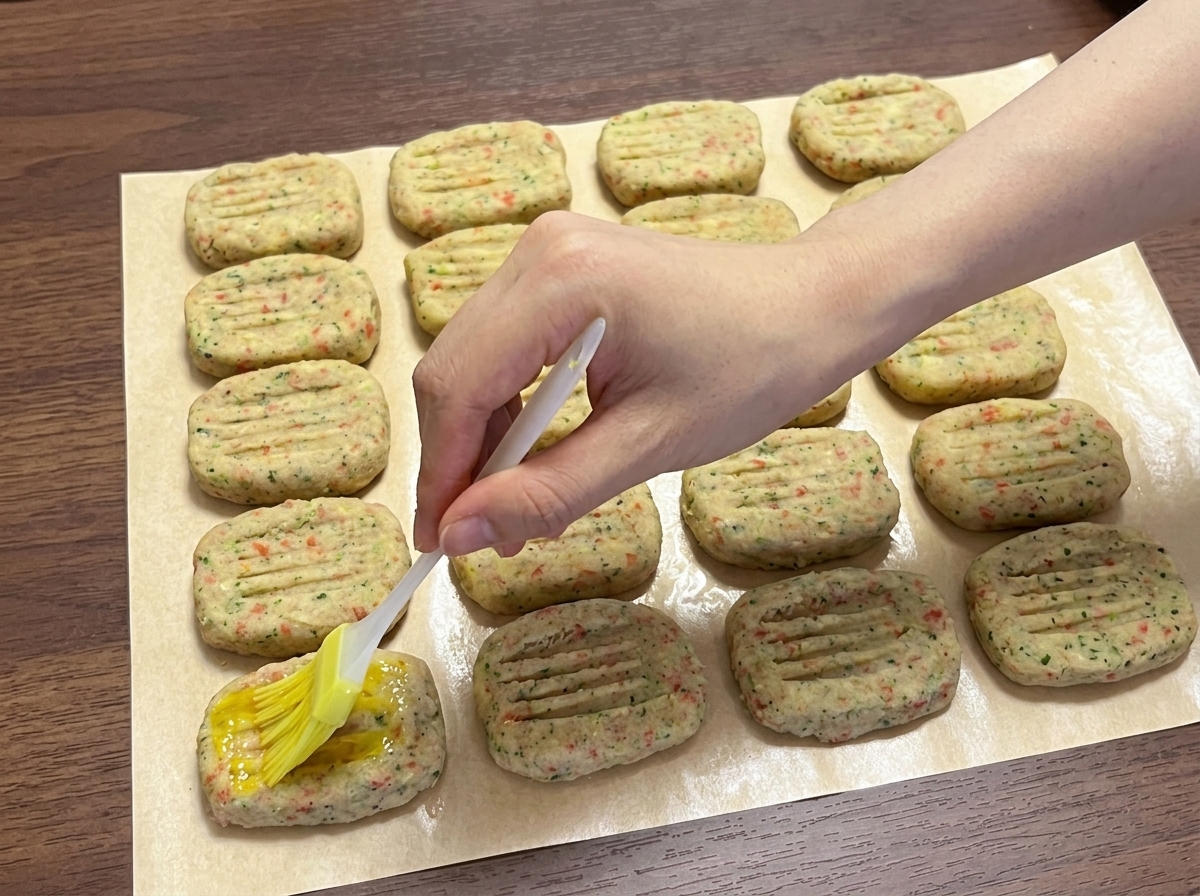 Ein kleiner Pinsel trägt Eigelb auf geformte Kartoffelpatties auf, garniert mit Sesamsamen.