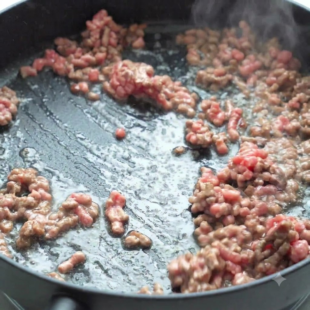 Rinderhackfleisch wird in einer Pfanne zusammen mit frisch hinzugefügten gewürfelten Zwiebeln und Tomaten gebraten.