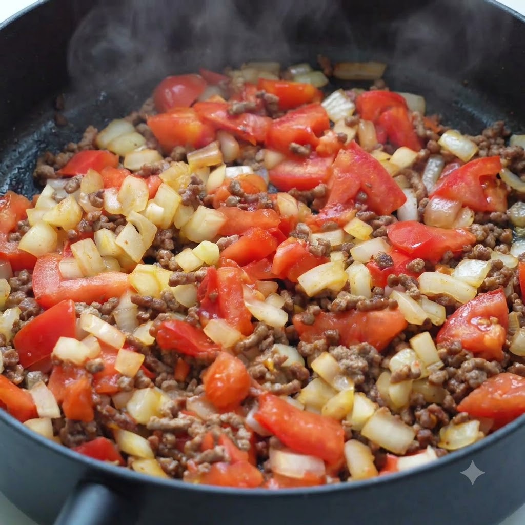 Die Fleisch-Gemüse-Mischung wird in einer Pfanne mit Gewürzen und Ketchup abgeschmeckt.
