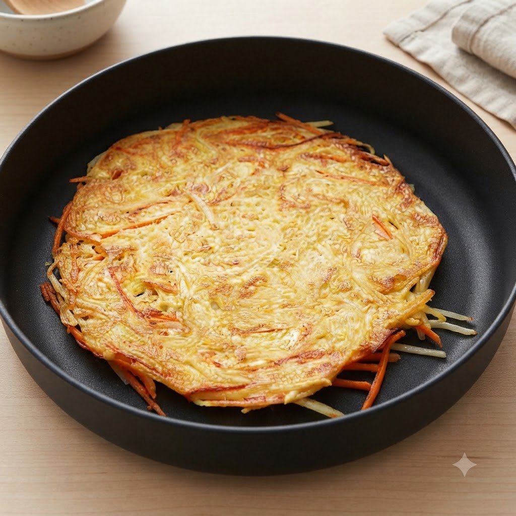 Ein gebackener Kartoffelpuffer ruht in einer schwarzen Pfanne.