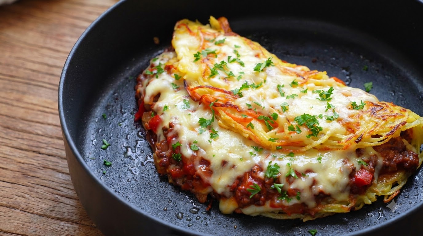 Gefüllter Kartoffelpuffer mit Käse und Bolognese