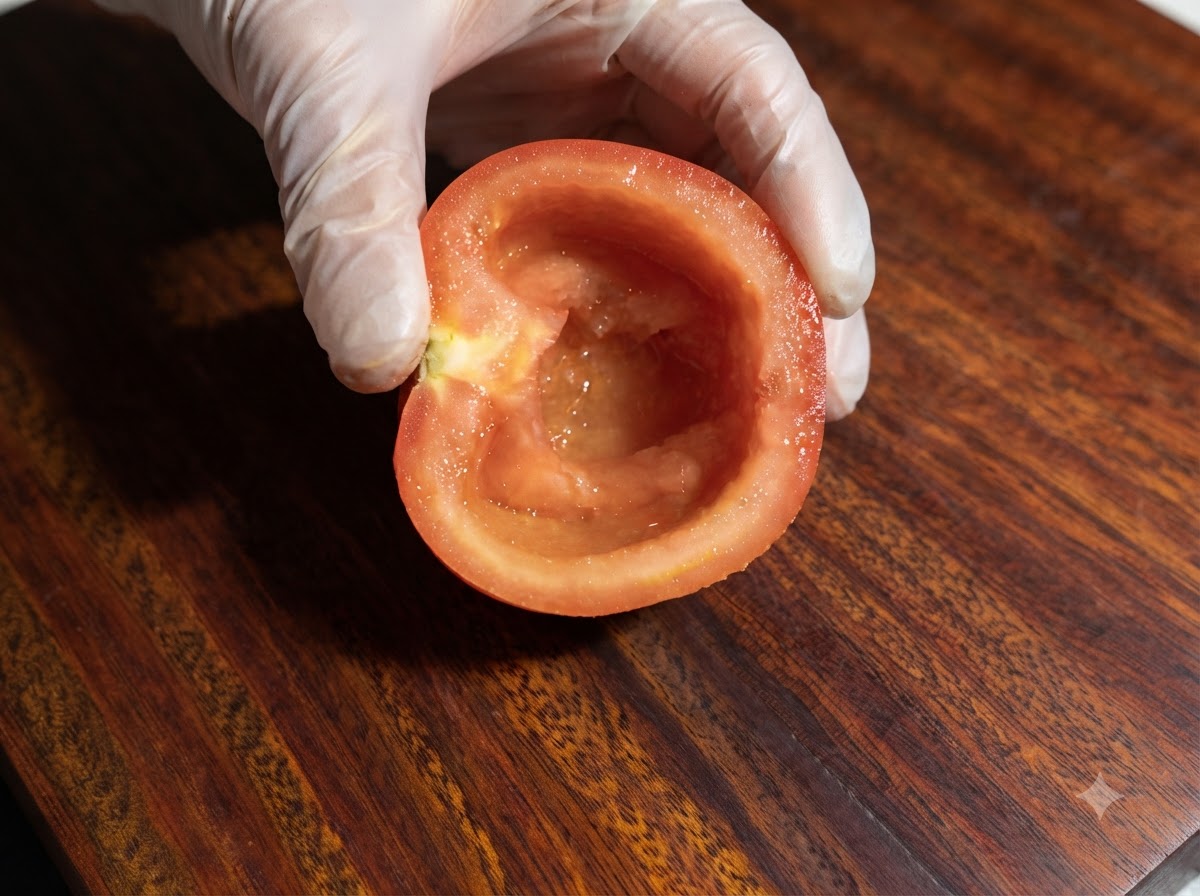 Eine entkernte Tomate wird neben anderem Gemüse auf einem Holzschneidebrett zubereitet.