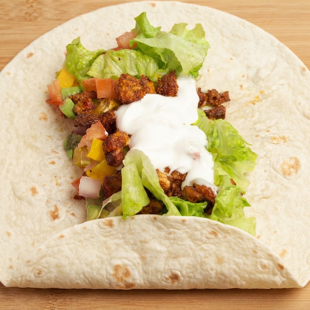 Der untere Rand der Tortilla wird über die geschichteten Füllungszutaten nach oben gefaltet.