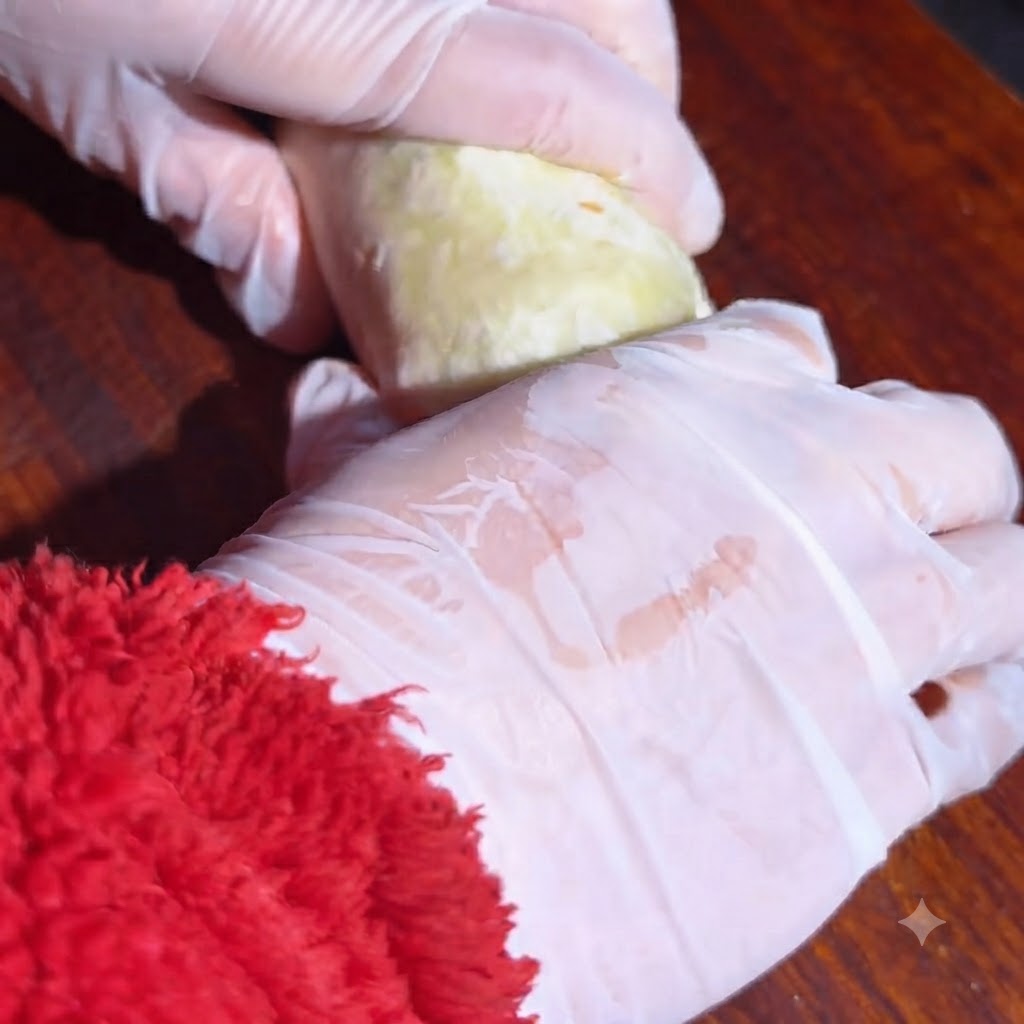 Hände mit Schutzhandschuhen formen und halten behutsam einen gerollten Wrap.