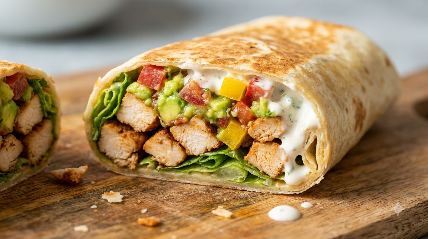 Gesunder mexikanischer Hähnchen-Burrito mit Avocado-Salsa
