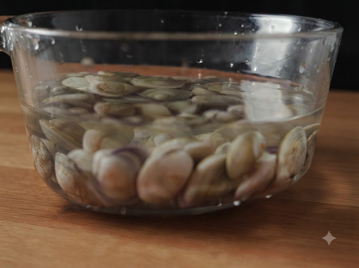 Frische Muscheln weichen in einer klaren Glasschüssel mit Wasser auf einer Holzoberfläche ein.