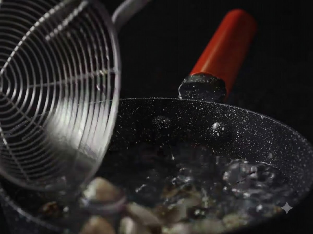Ein Schaumlöffel hebt gekochte Muscheln aus einem Topf mit kochendem Wasser.