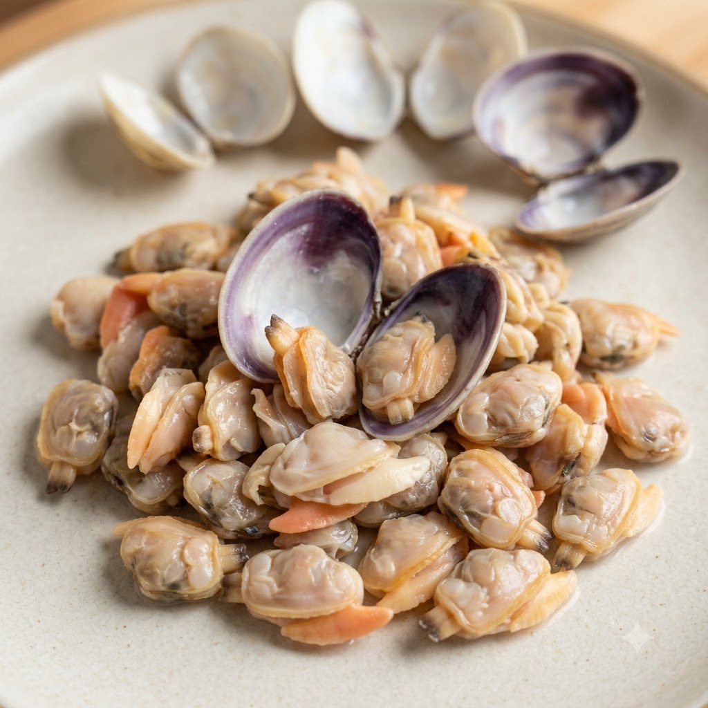 Gekochtes Muschelfleisch auf einem Keramikteller, mit leeren Schalen oben angeordnet.