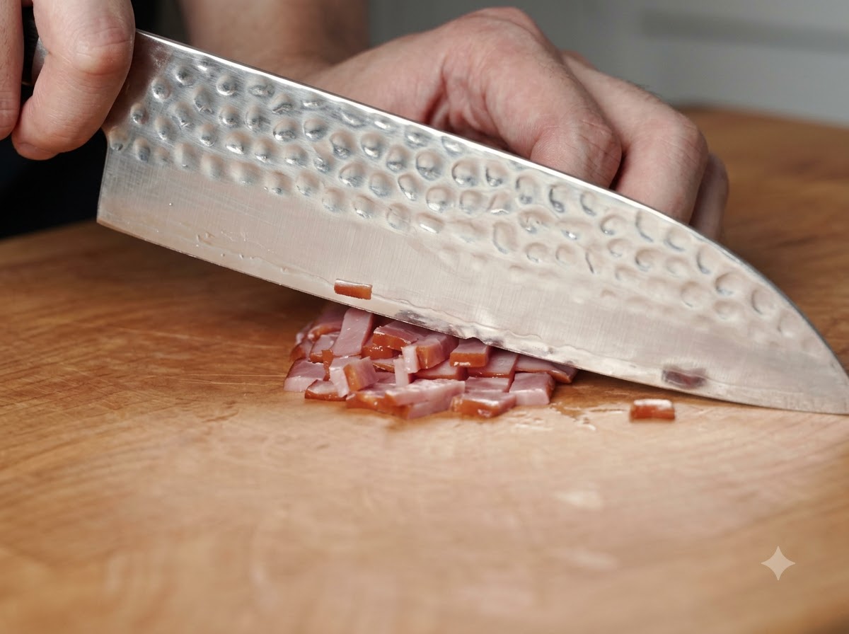 Ein Messer schneidet Speck in kleine Stücke auf einem Holzschneidebrett.