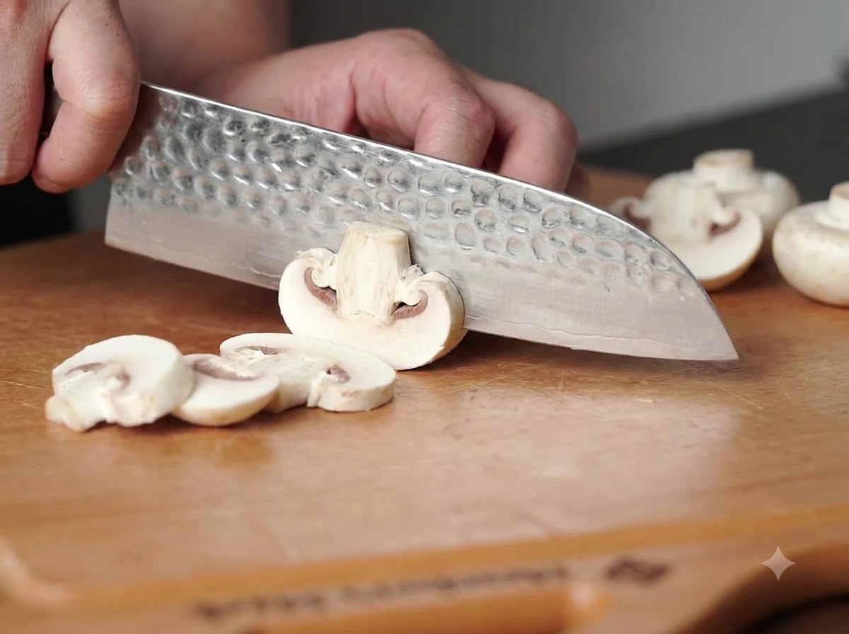Ein Kochmesser schneidet weiße Champignons in Scheiben auf einem Holzschneidebrett.
