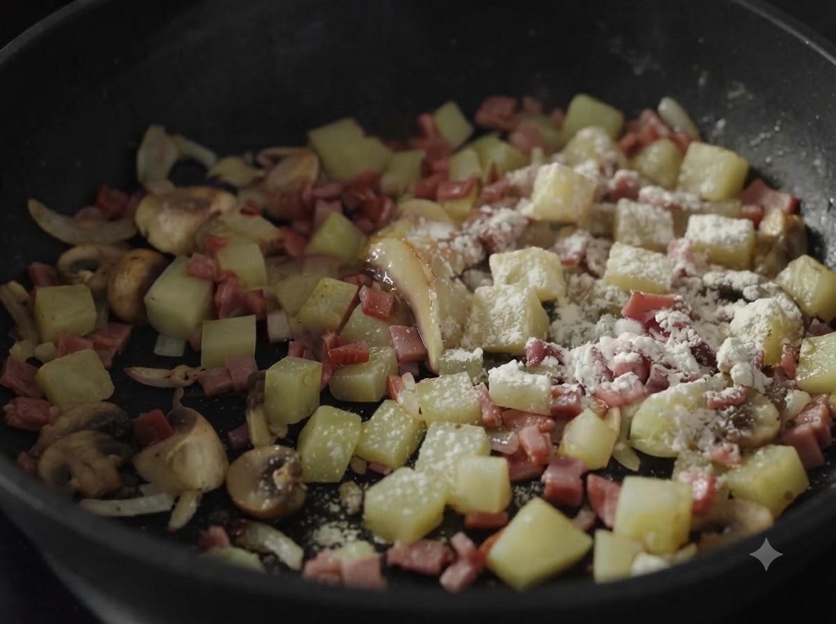 Geschnittene Champignons, gewürfelte Kartoffeln und verstreutes Mehl vermengen sich mit Speck und Zwiebeln in einer Pfanne.