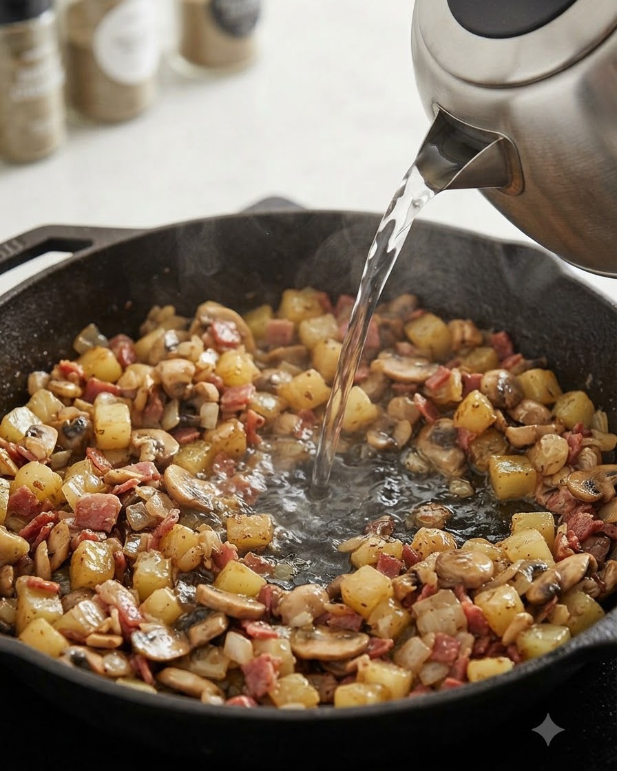 Heißes Wasser wird aus einem Edelstahldessertkessel in eine Pfanne mit angebratenen Kartoffeln, Pilzen und Speck gegossen.