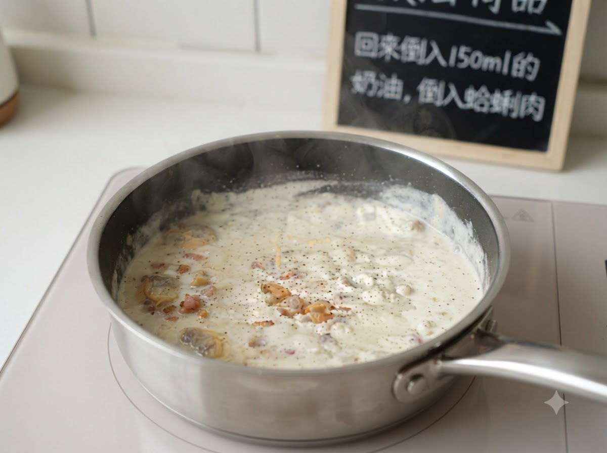 Eine Pfanne mit einer cremigen Suppenmischung, gewürzt mit schwarzem Pfeffer, bereit mit hinzugefügtem Muschelfleisch.